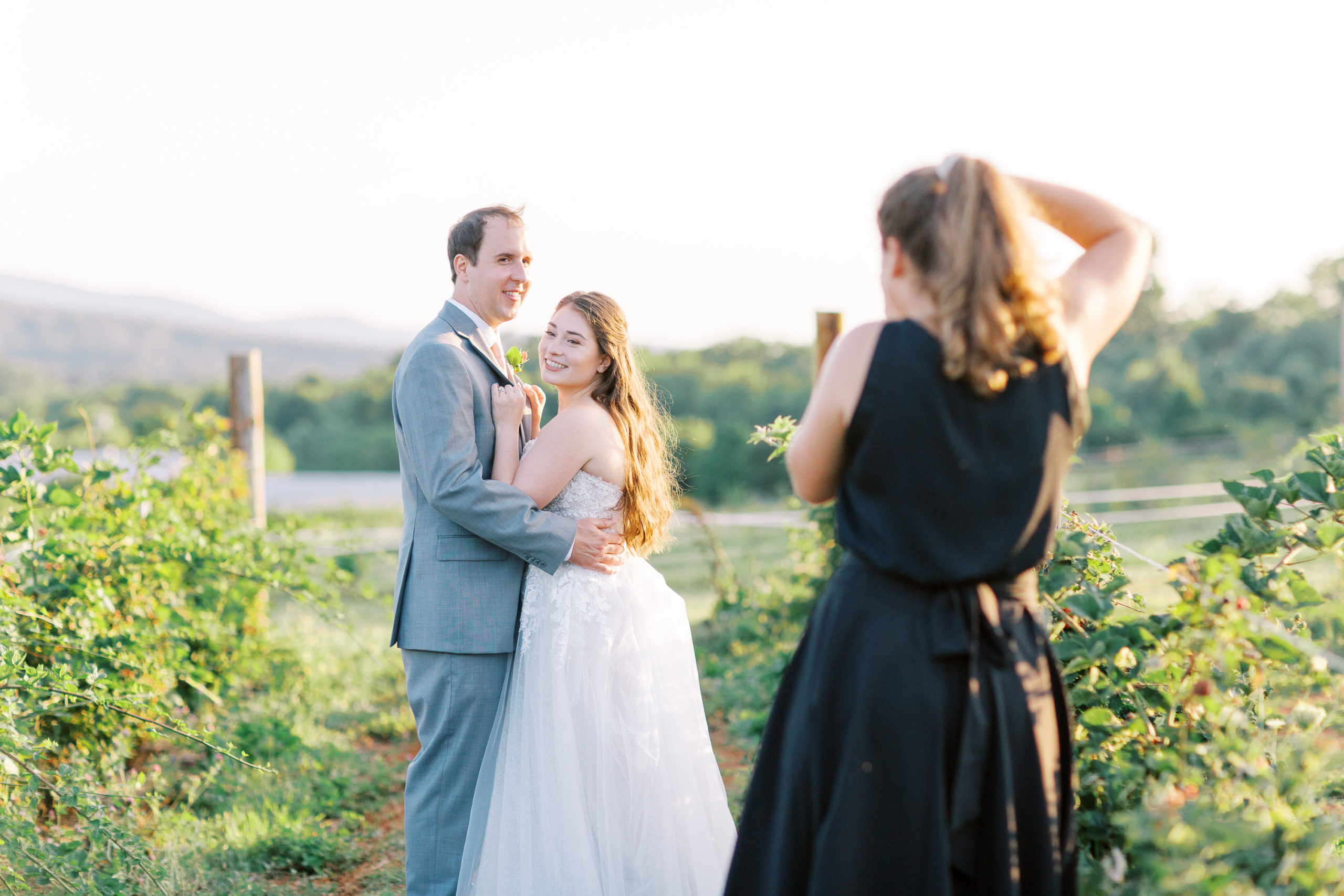 Market at Grelen wedding photographer capturing bride and groom in the vines at sunset.