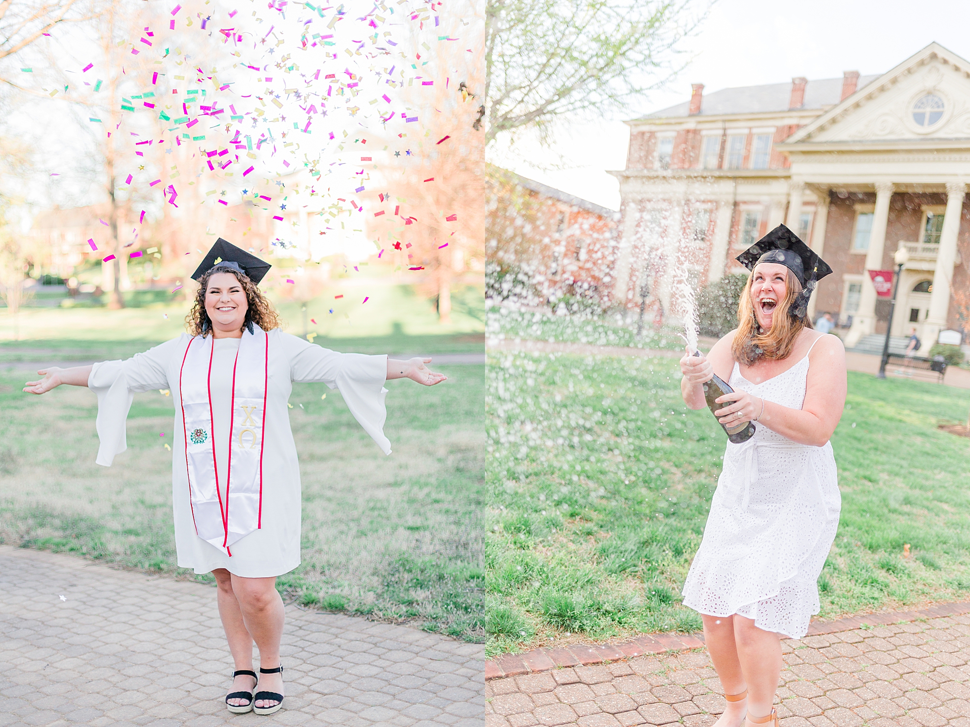 Two pictures of girls, one with confetti and one with champagne for college grad sessions.