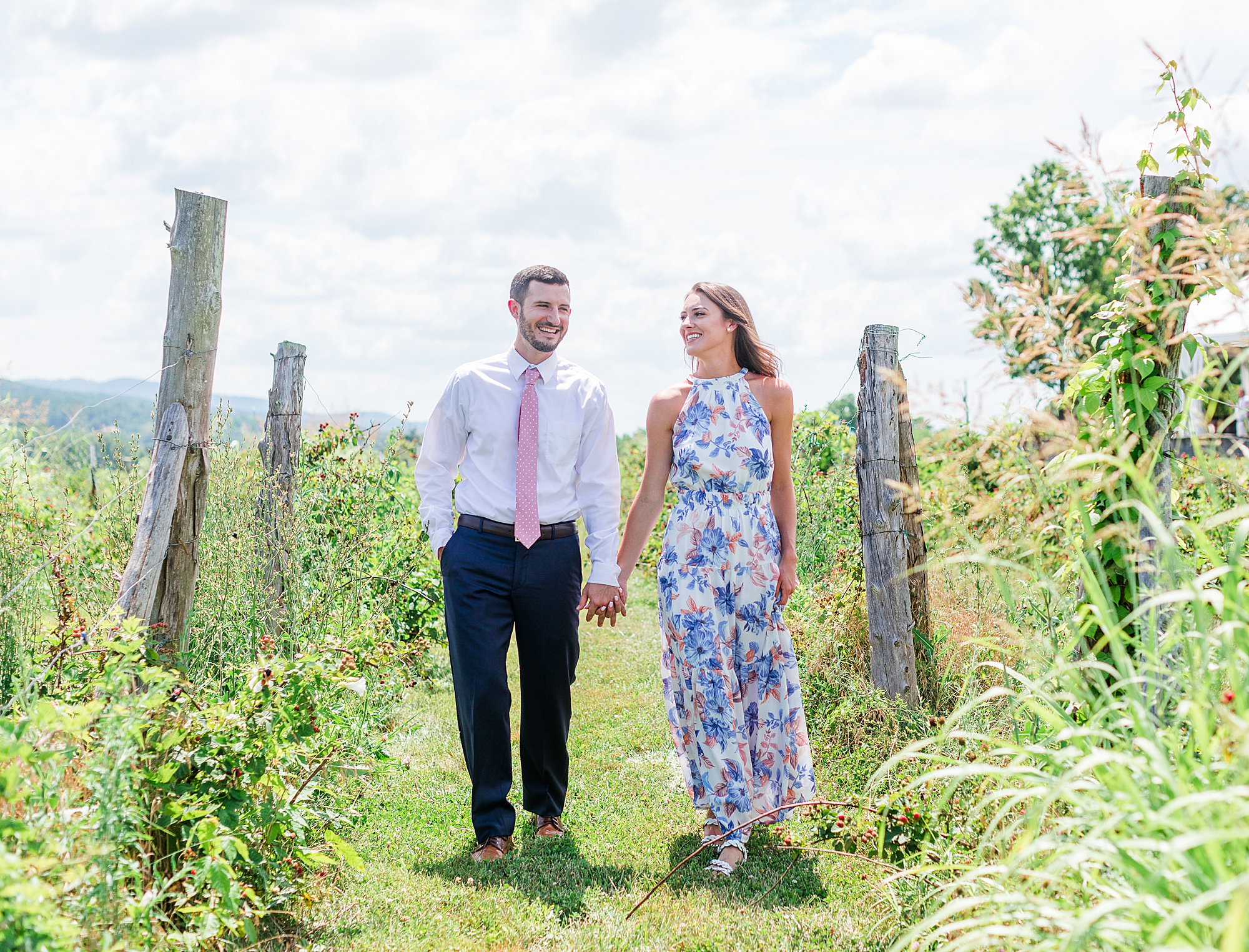 Couple walking in vineyard during engagement session.
