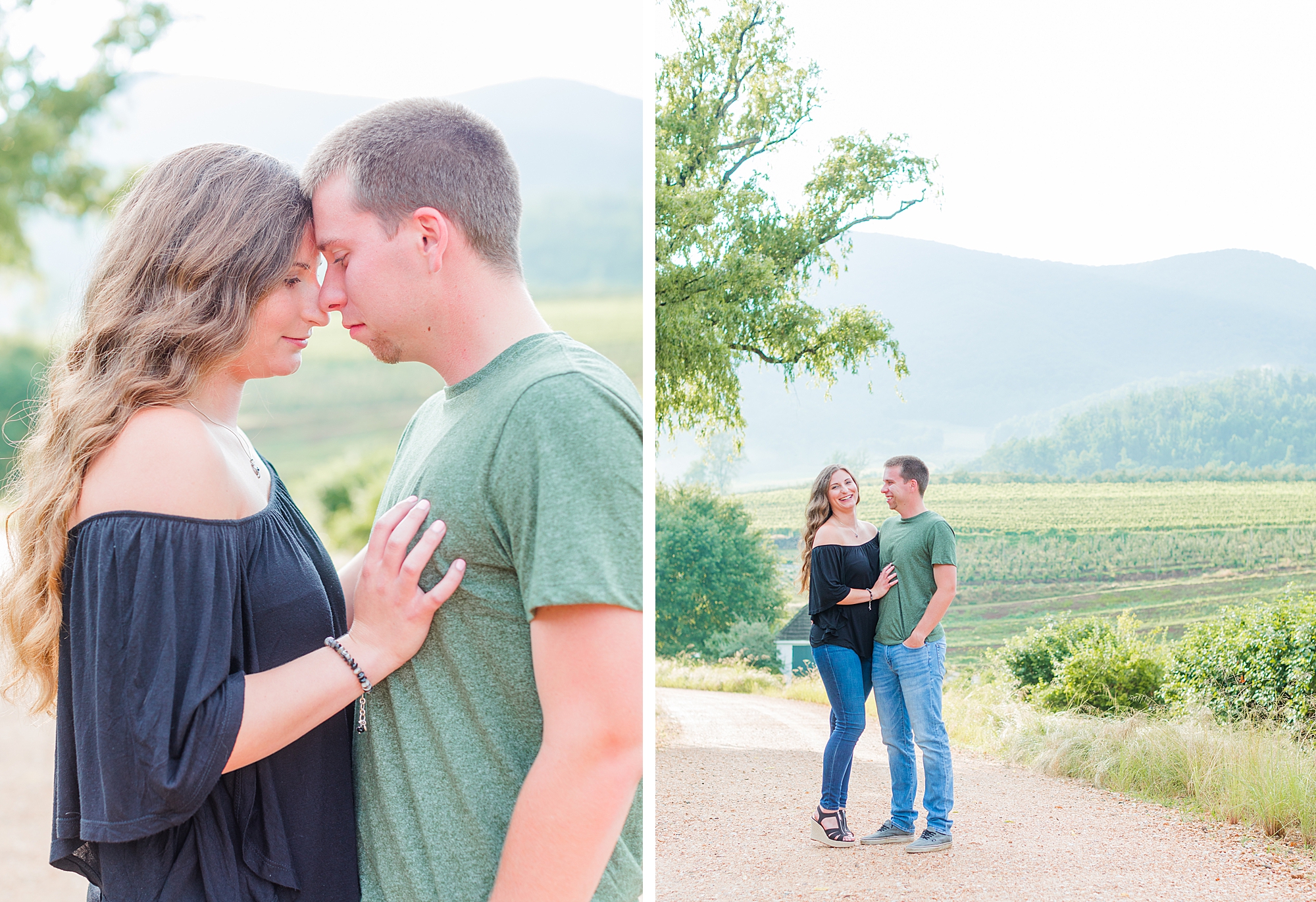 Portraits of couple looking at each other. Virginia Blue Ridge Mountains in the background.