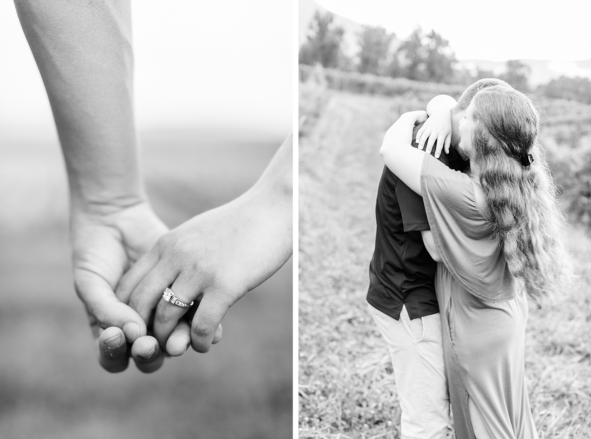 Black and white photos of couple during engagement.