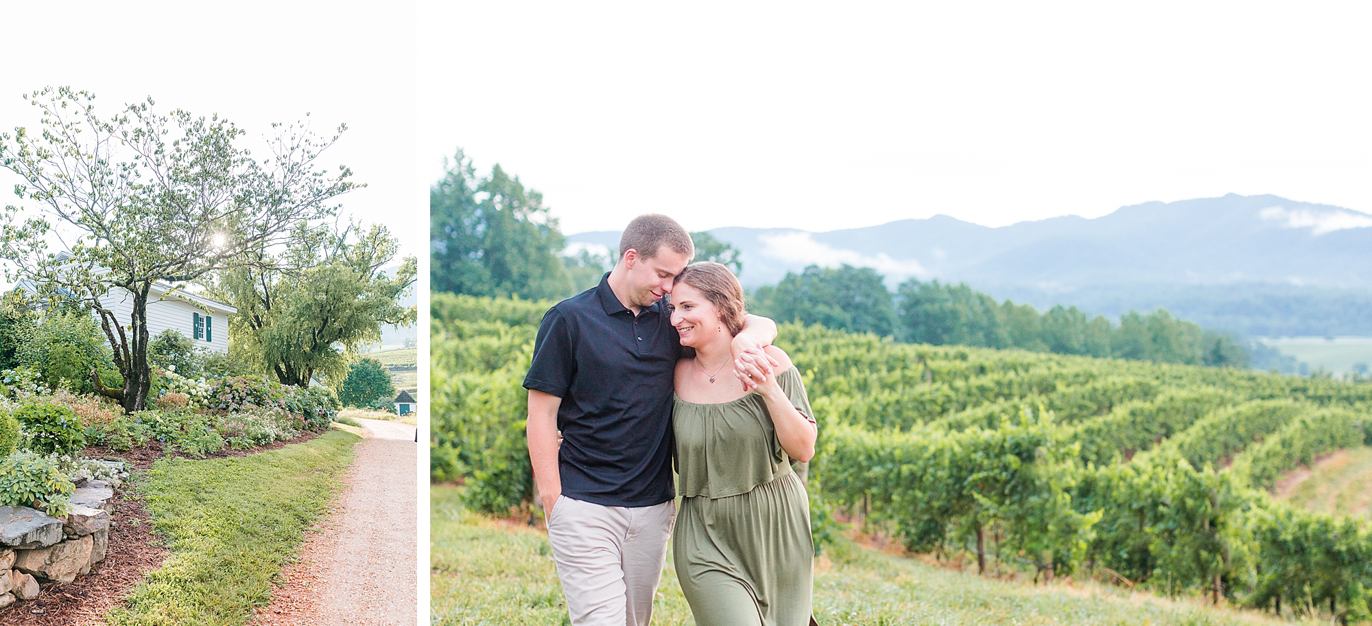 Couple posing for photo in Blue Ridge Mountain and venue called Pharsalia.