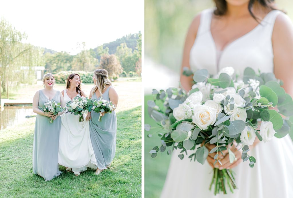 Bride and bridesmaid holding bouquets.