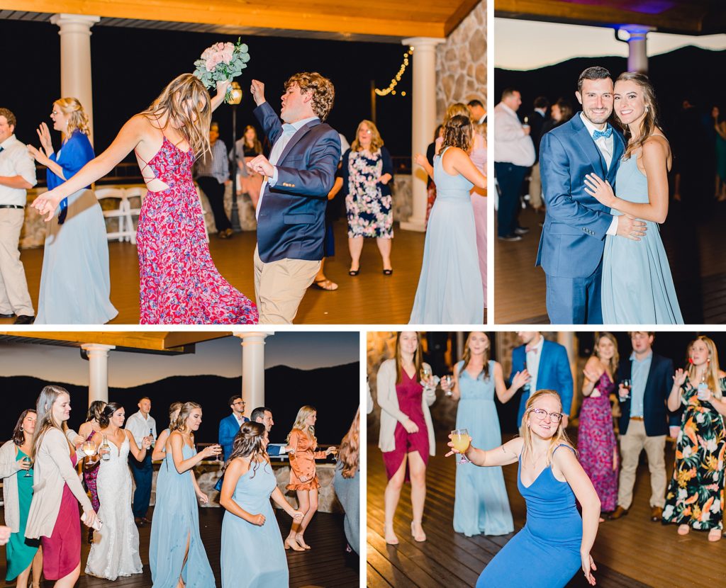 Dancing reception photos at wedding celebration.