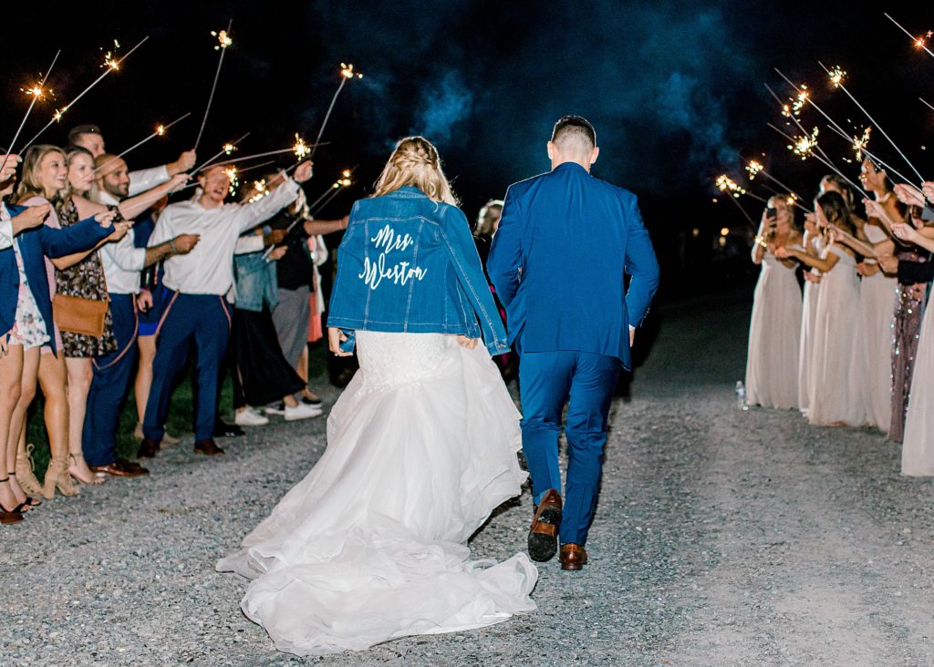 Bride and groom walking through sparkler exit.