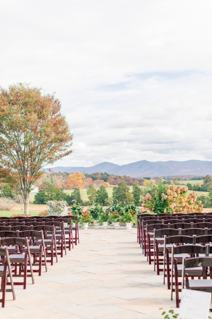 Wedding ceremony setup with mountain views near Charlottesville, VA at CrossKeys Vineyard.