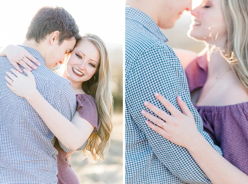 Golden hour engagement photos above field at Big Spring Farm.