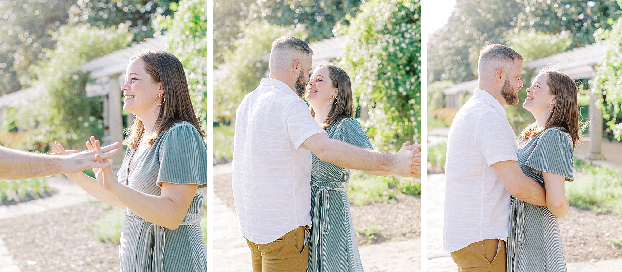 Woman wearing dusty blue dress for engagement photos with fiancé by Richmond wedding photographer.