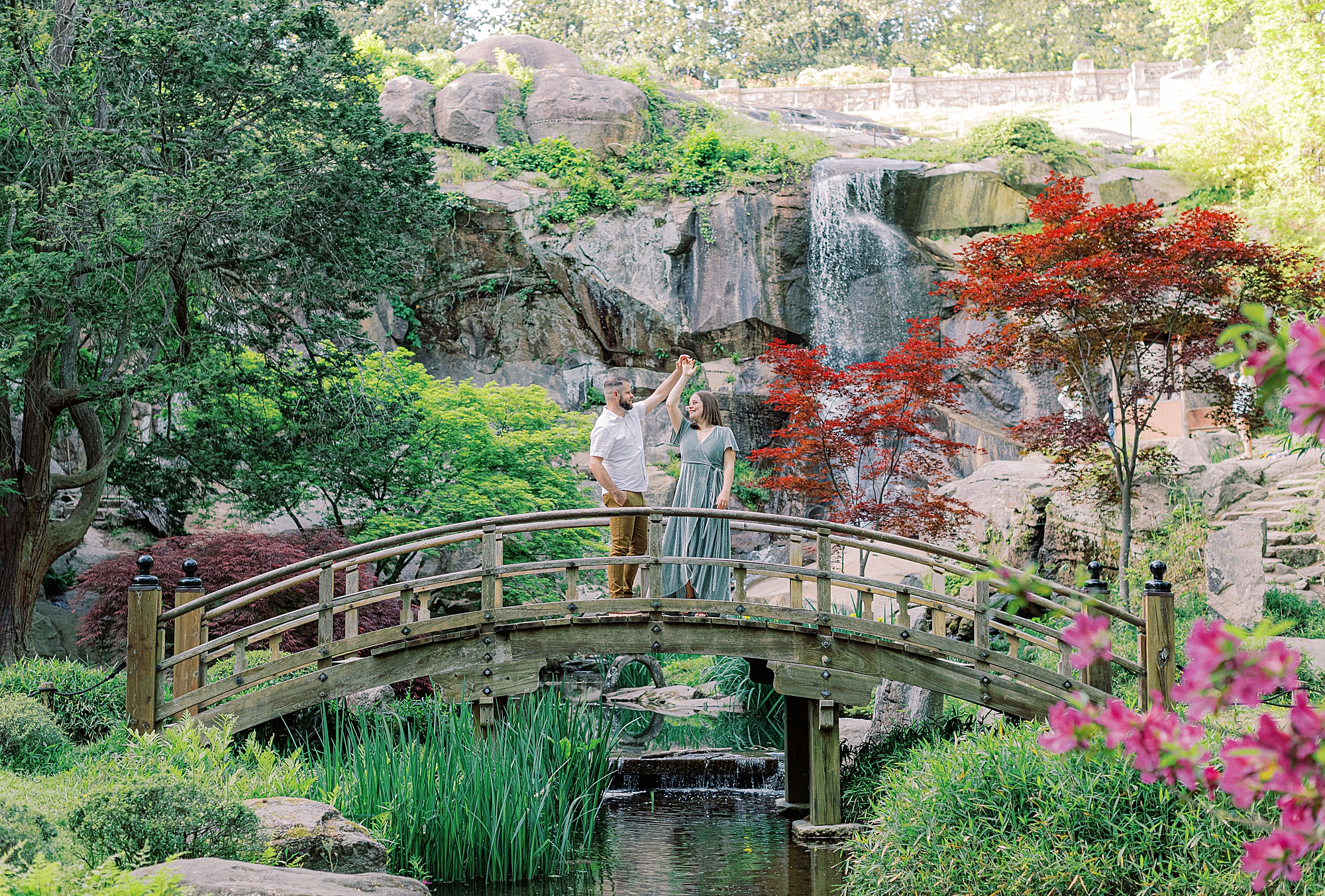 Engagement portraits of couple in Japanese Garden at Maymont Park by Ashley Eagleson Photography.