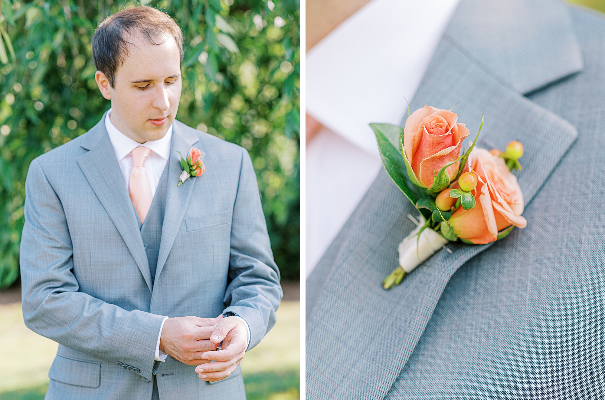 Groom getting ready for wedding with coral rose boutonniere..
