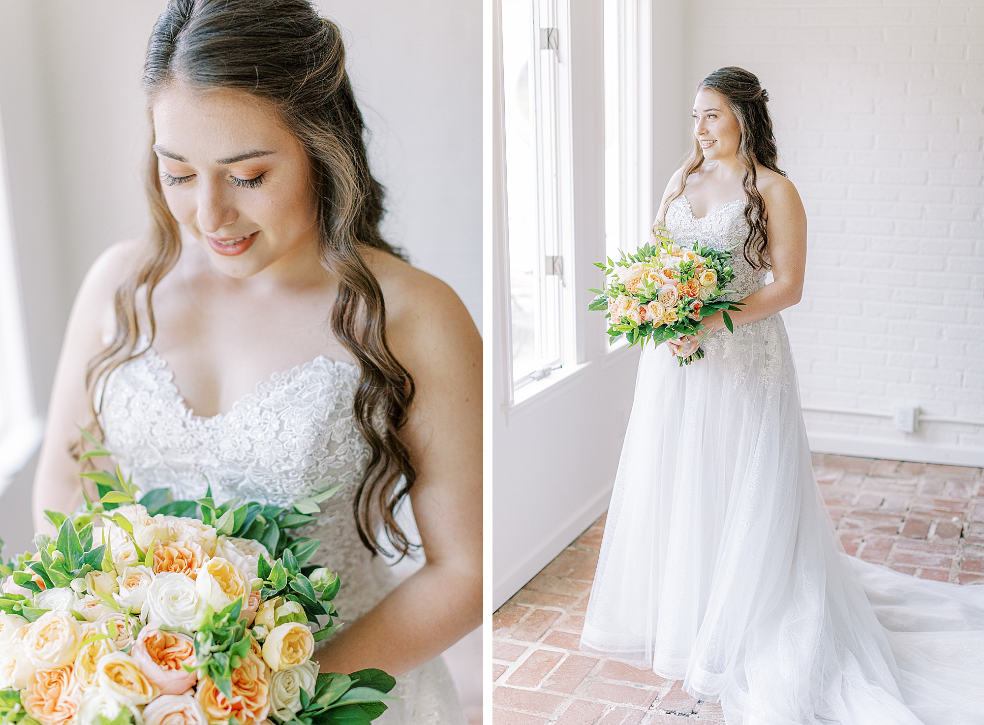 Bride holding bouquet in white brick room.