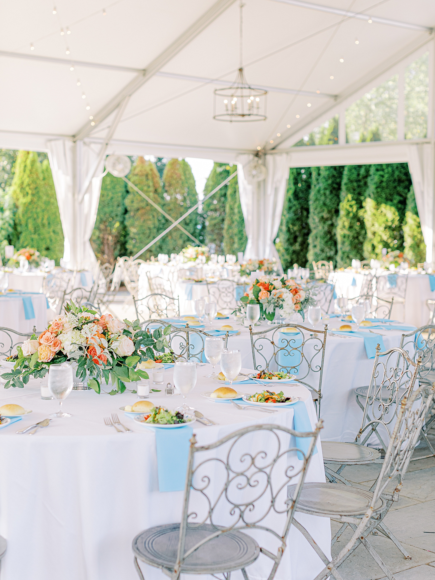 Blue napkins and coral center pieces decorate tent at Grelen Wedding.