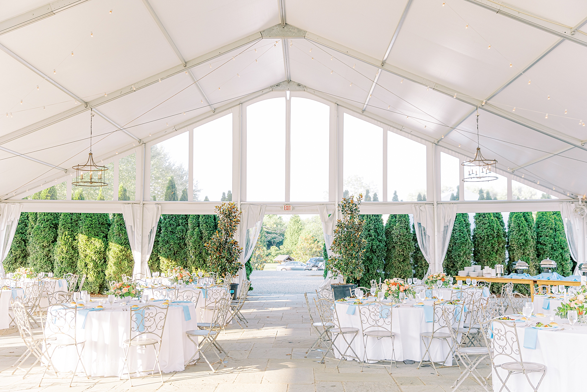 Blue and coral themed reception under tent in Charlottesville.