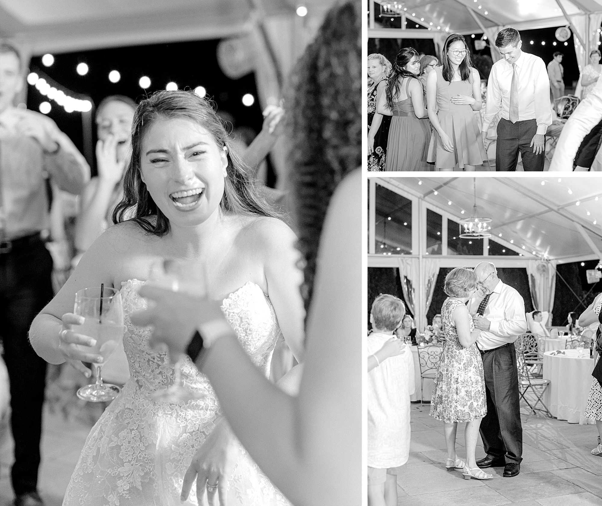 Black and white photos of reception photos under a open air tent.