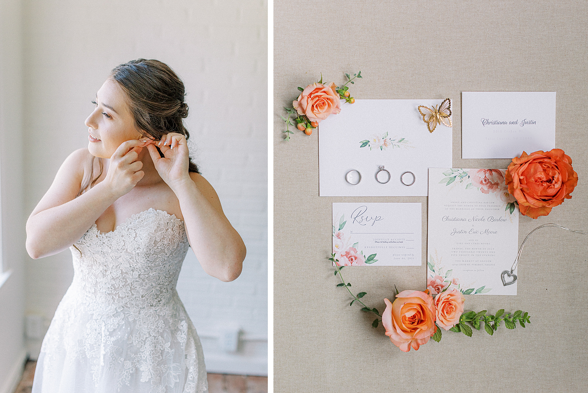 Bride putting in earrings. Flatlay of invitation suite by Ashley Eagleson Photography.
