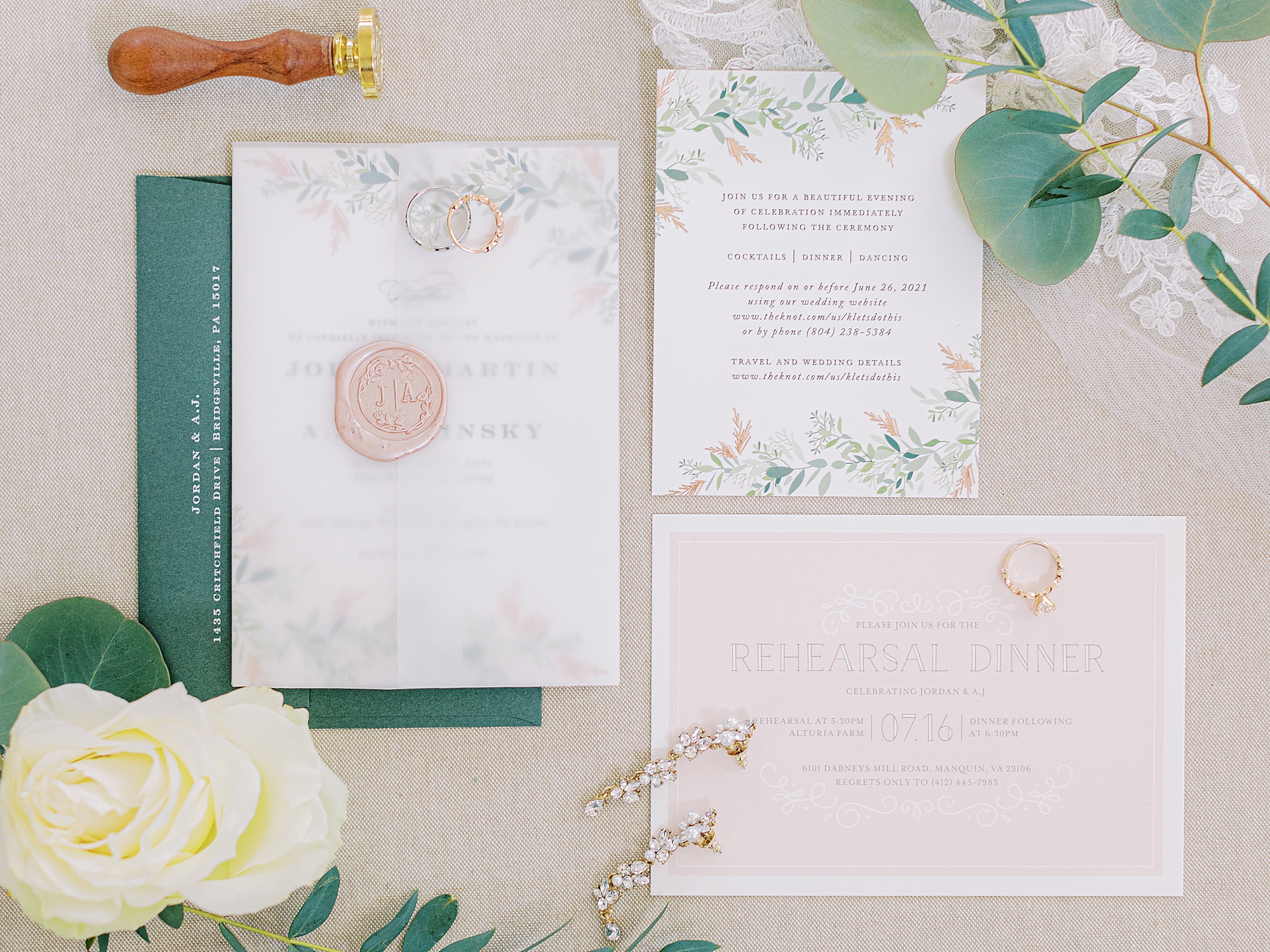 Blush and sage invitation suite with rose colored stamp.
