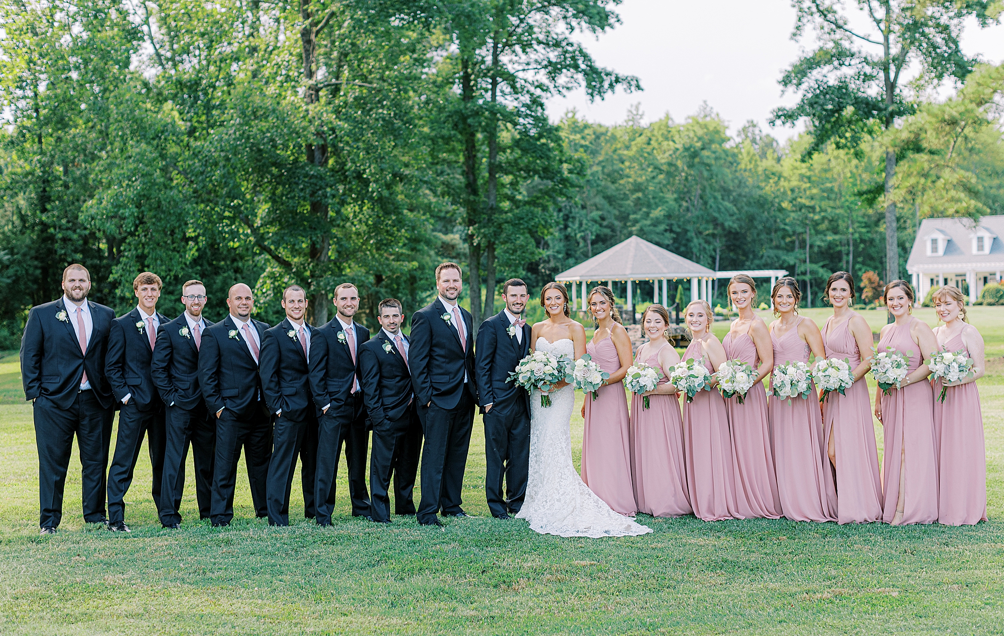 Group photo of bridesmaids wearing blush dresses and groomsmen in black suits.