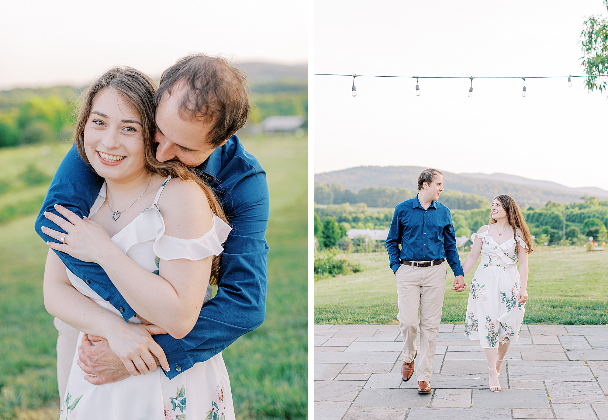 Couple walking across the orchard at Market at Grelen during engagement session taken by Charlottesville wedding photographer..