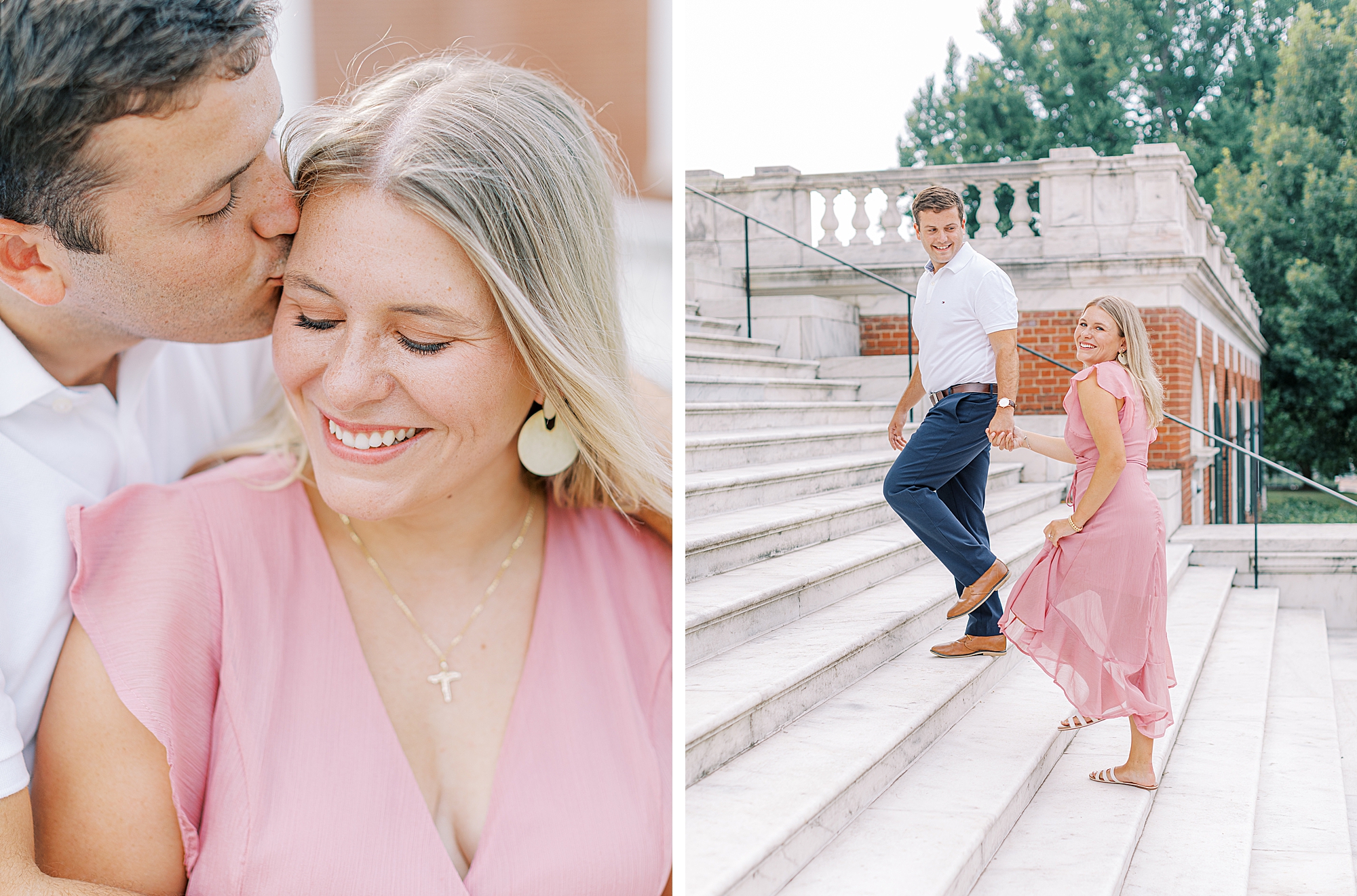 Portraits of couple at University of Virginia during summer time engagement session. Woman wearing light pink dress from Altar'd state.