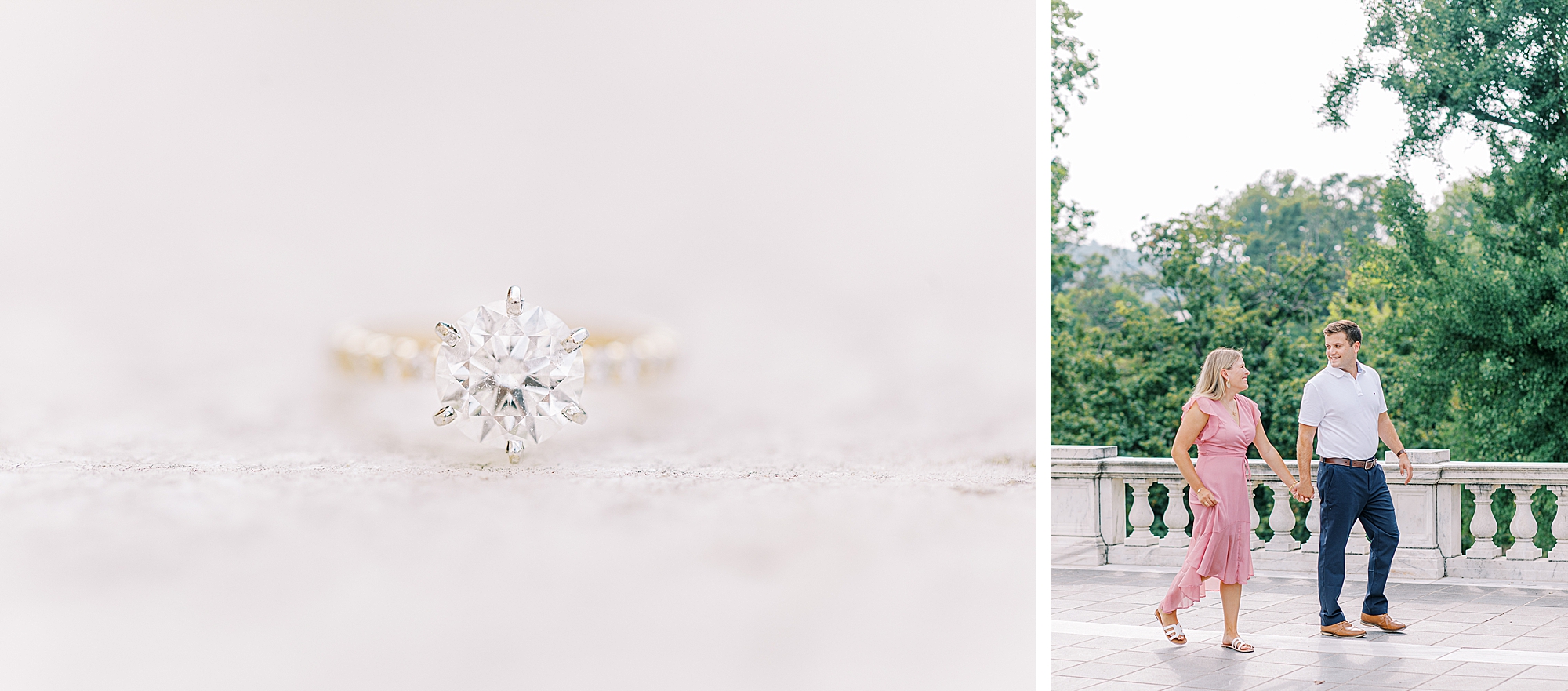 Photo on the left of circle cut gold diamond ring. Photo on the left of couple walking happily during engagement session.