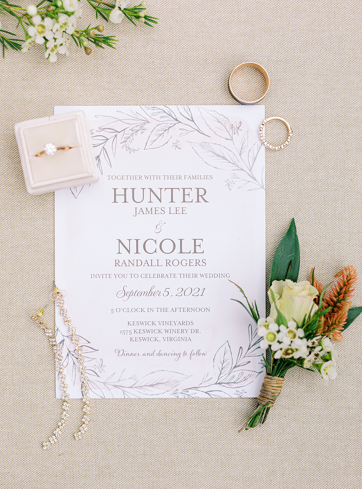Stylized white wedding invitation.