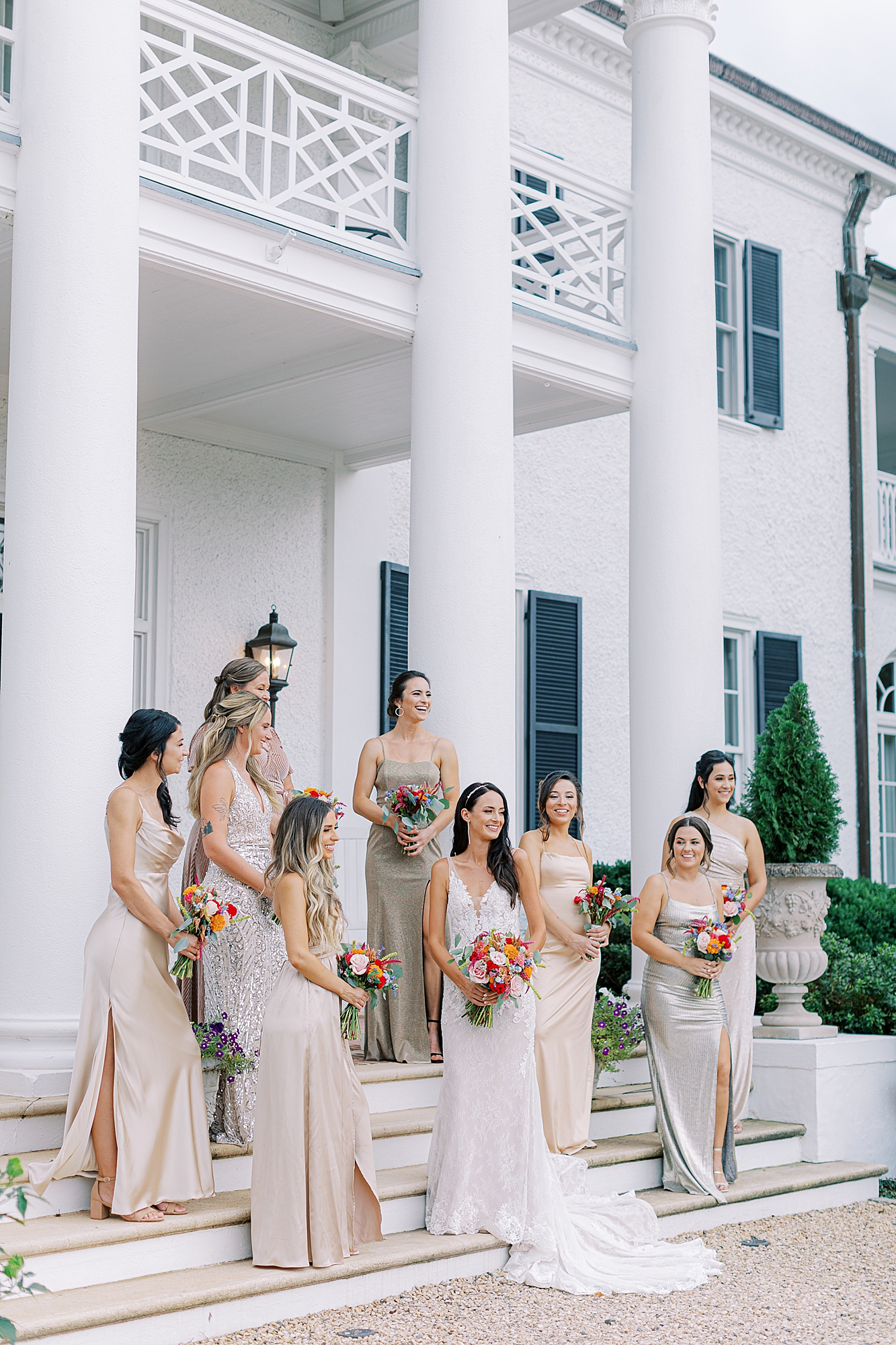 Editorial bridesmaid photos at vineyard wedding by Charlottesville wedding photographer.