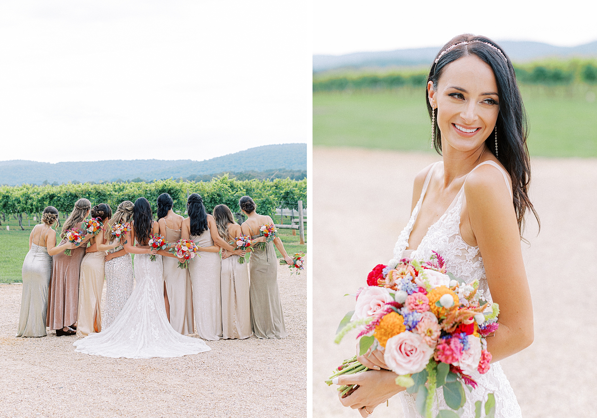 Colorful bouquets with champagne colored bridesmaid dresses.