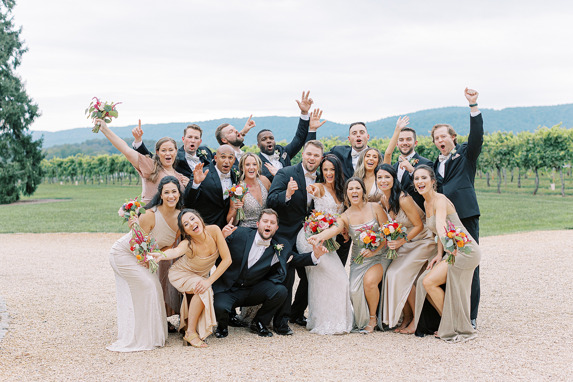 A lively fun group photo with bridesmaids and groomsmen.