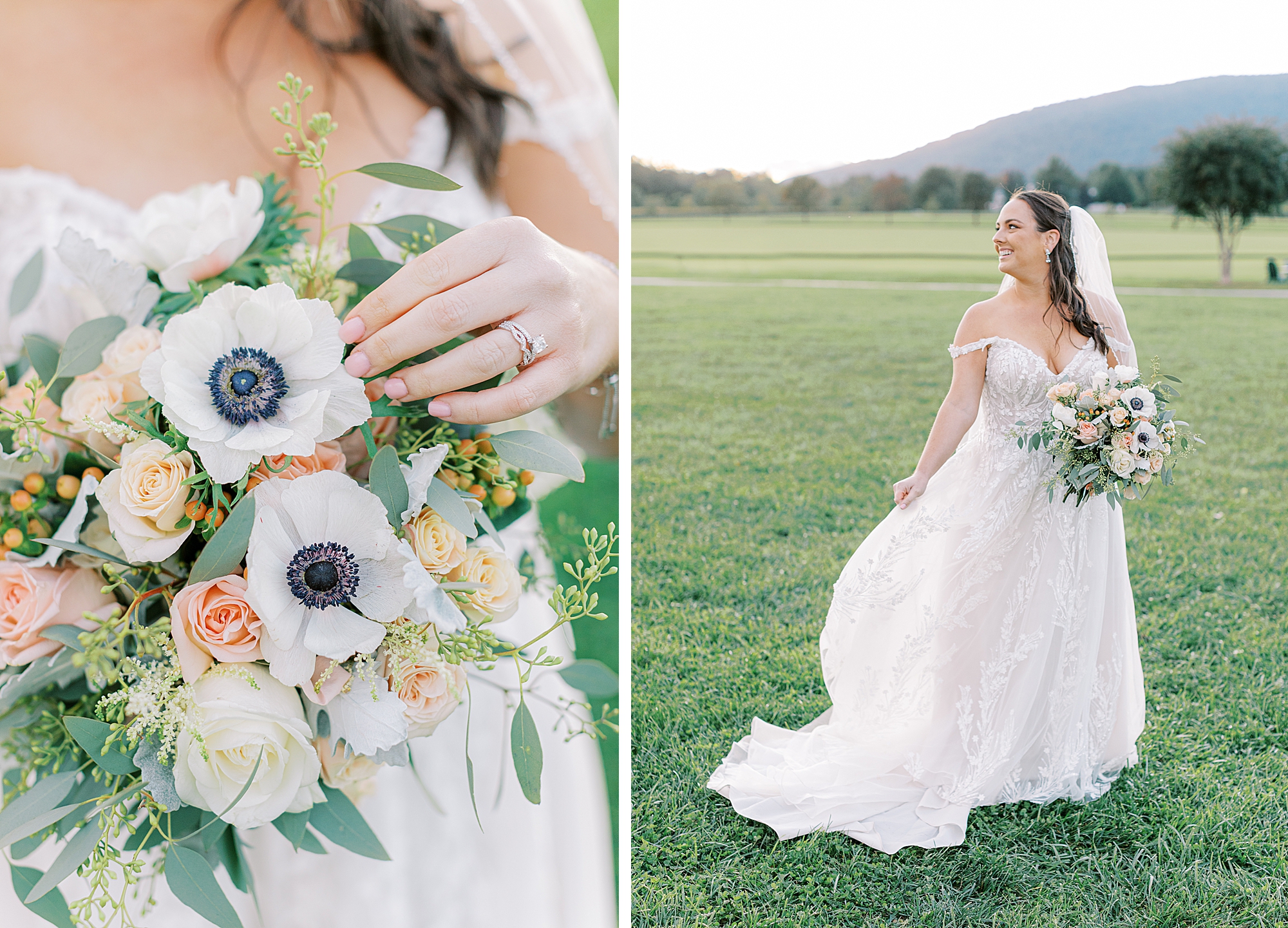 Bridal portraits during sunset with bride holding bouquet with poppy flower.