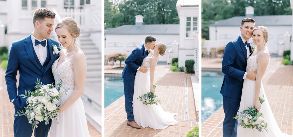 Bride and groom portraits by the pool at Keswick Vineyards.