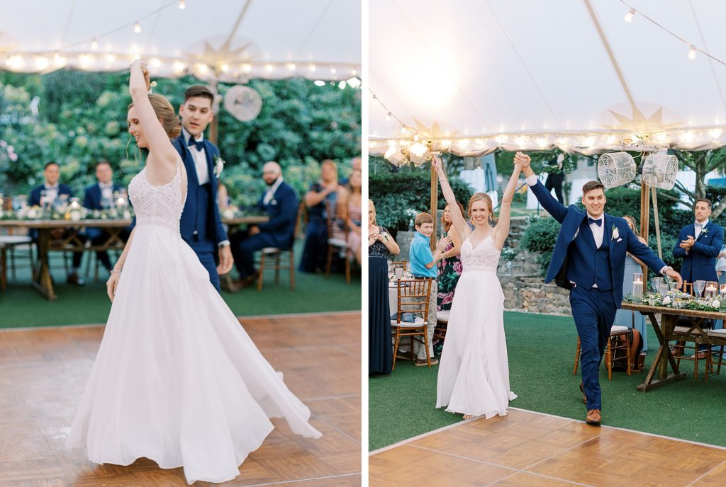 Bride and groom dancing entering into reception.