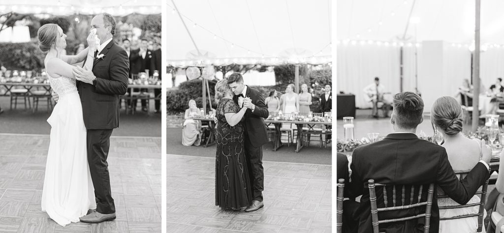 Emotional black and white photos at wedding reception.