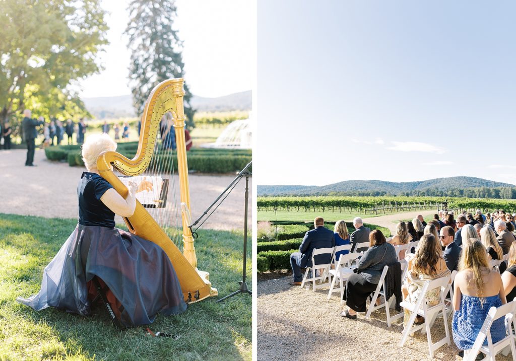 Harpist playing at wedding in Charlottesville at Keswick Vineyards.