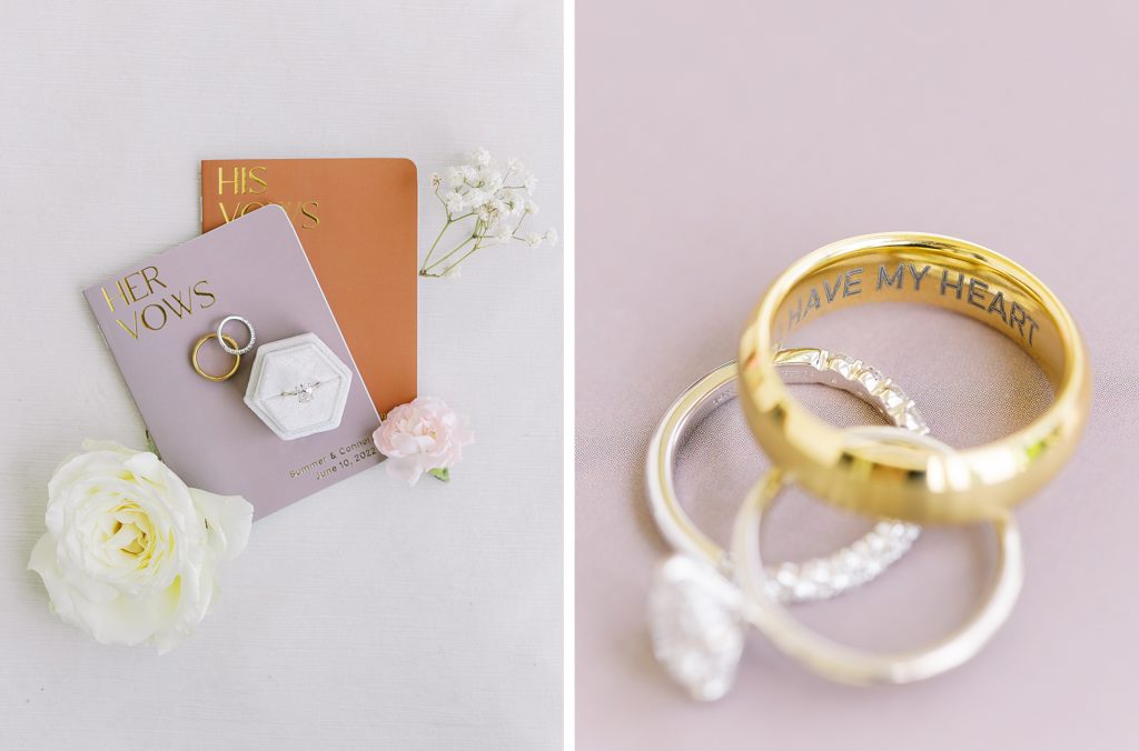 Bridal detail flatlay with engraved wedding band.