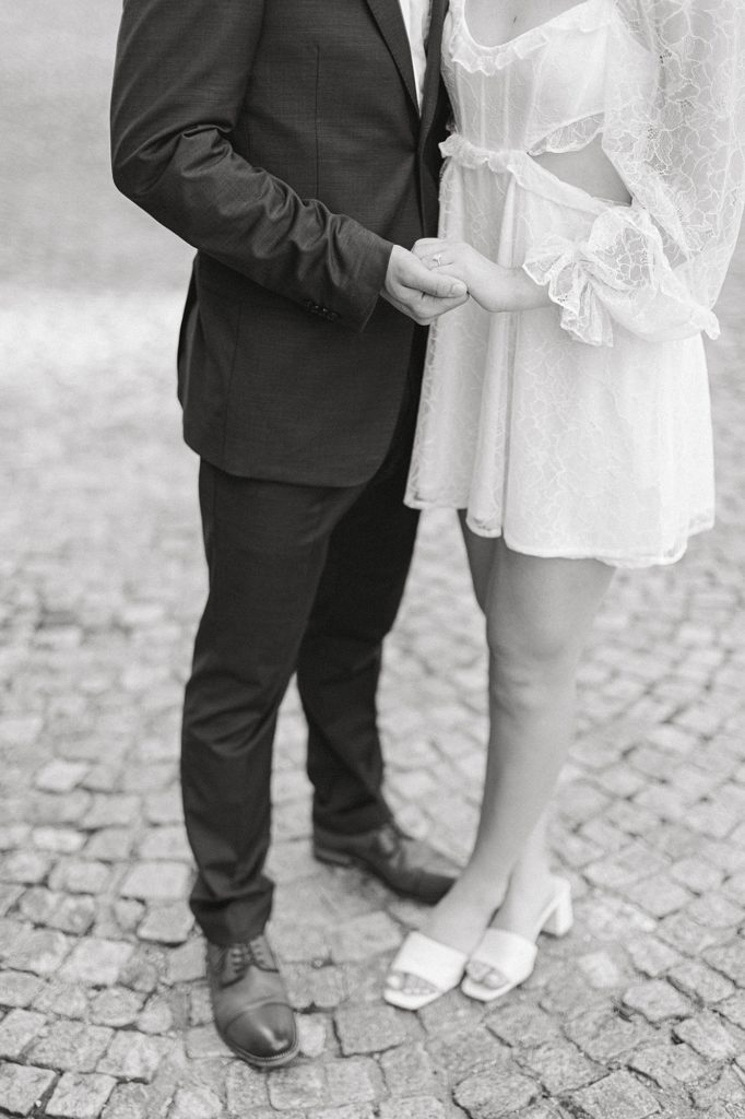 Black and white film engagement photo.