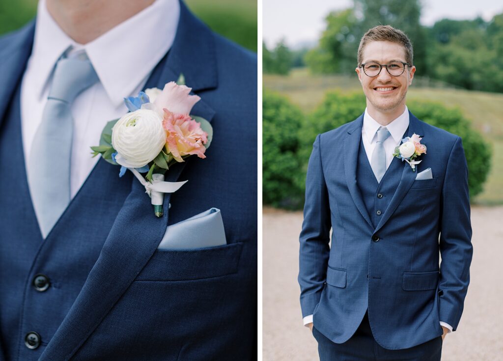 Groom wearing navy blue suit for wedding.