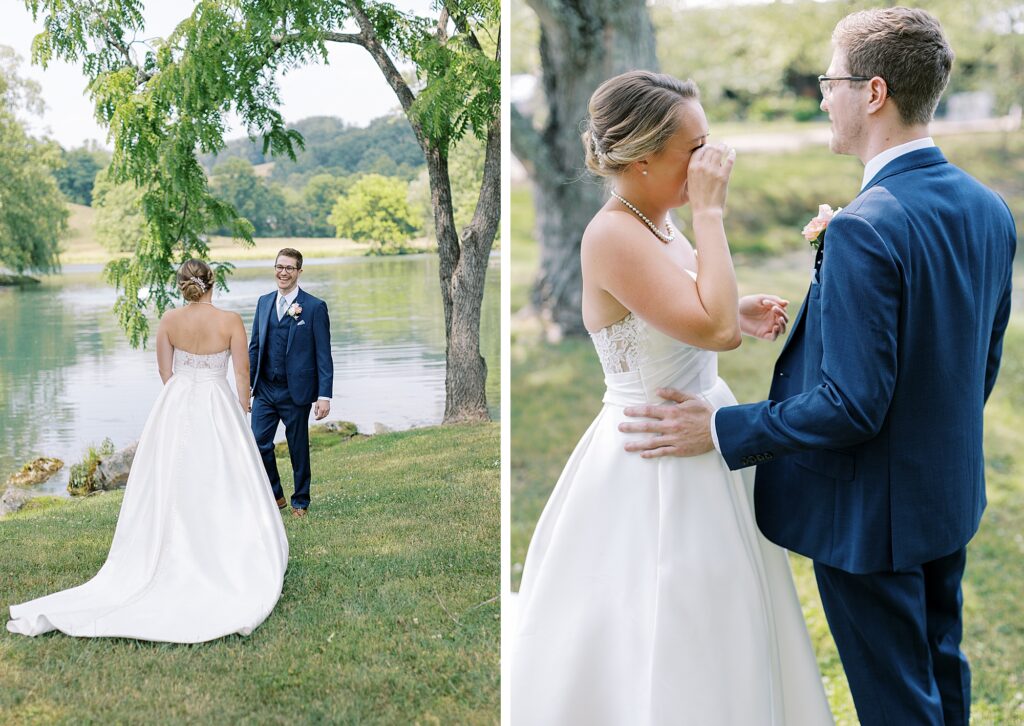 Couple shares emotional first look before Big Spring Farm wedding.