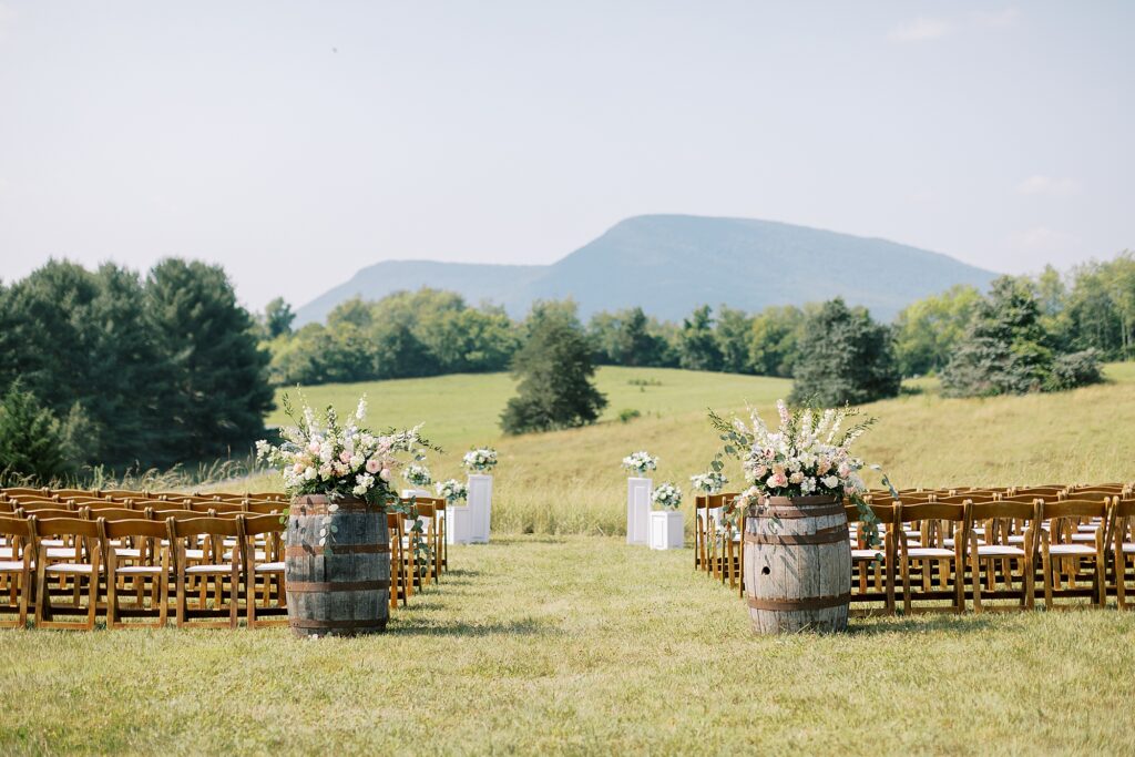 Wedding ceremony set up with view of mountains in Lexington, VA at Big Spring Farm.