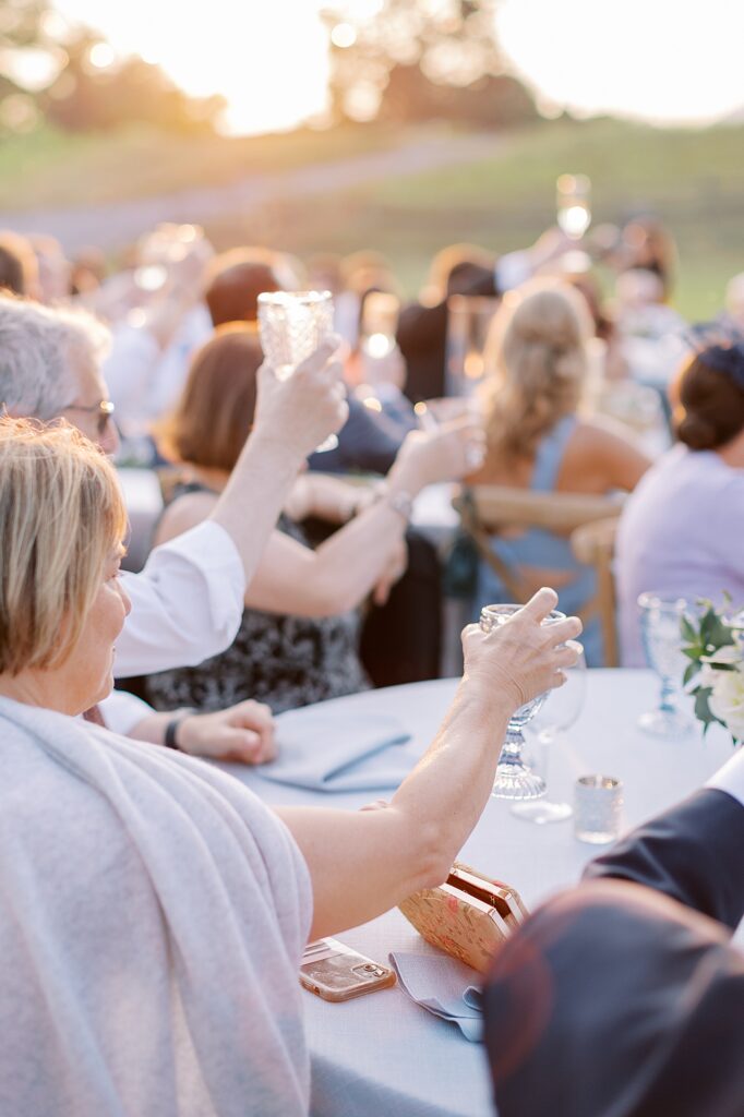 Guests raising glasses during speech.