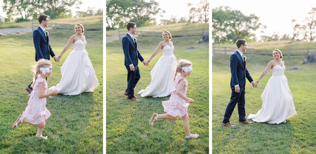 Candid bride and groom portrait with children running.