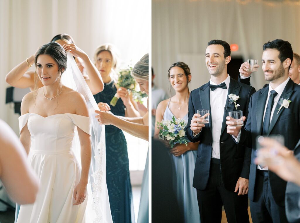 Joyful moments before the ceremony with bride pinning in her veil and groom making a toast.