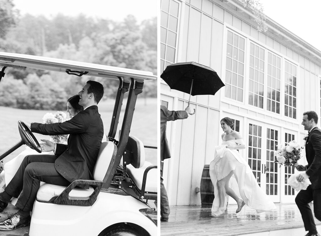 Bride running to umbrella to escape rain.