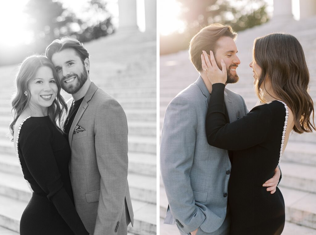 Engagement photos of couple at Jefferson Memorial.