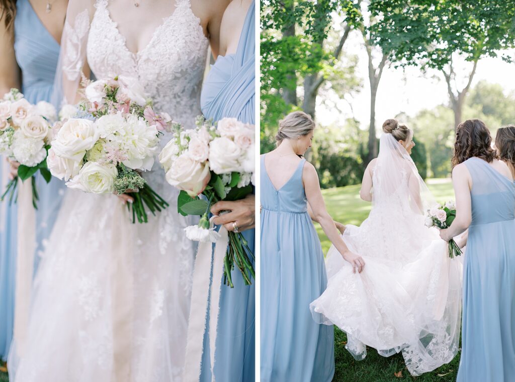 Bridesmaids in dusty blue with white and blush bouquets. 